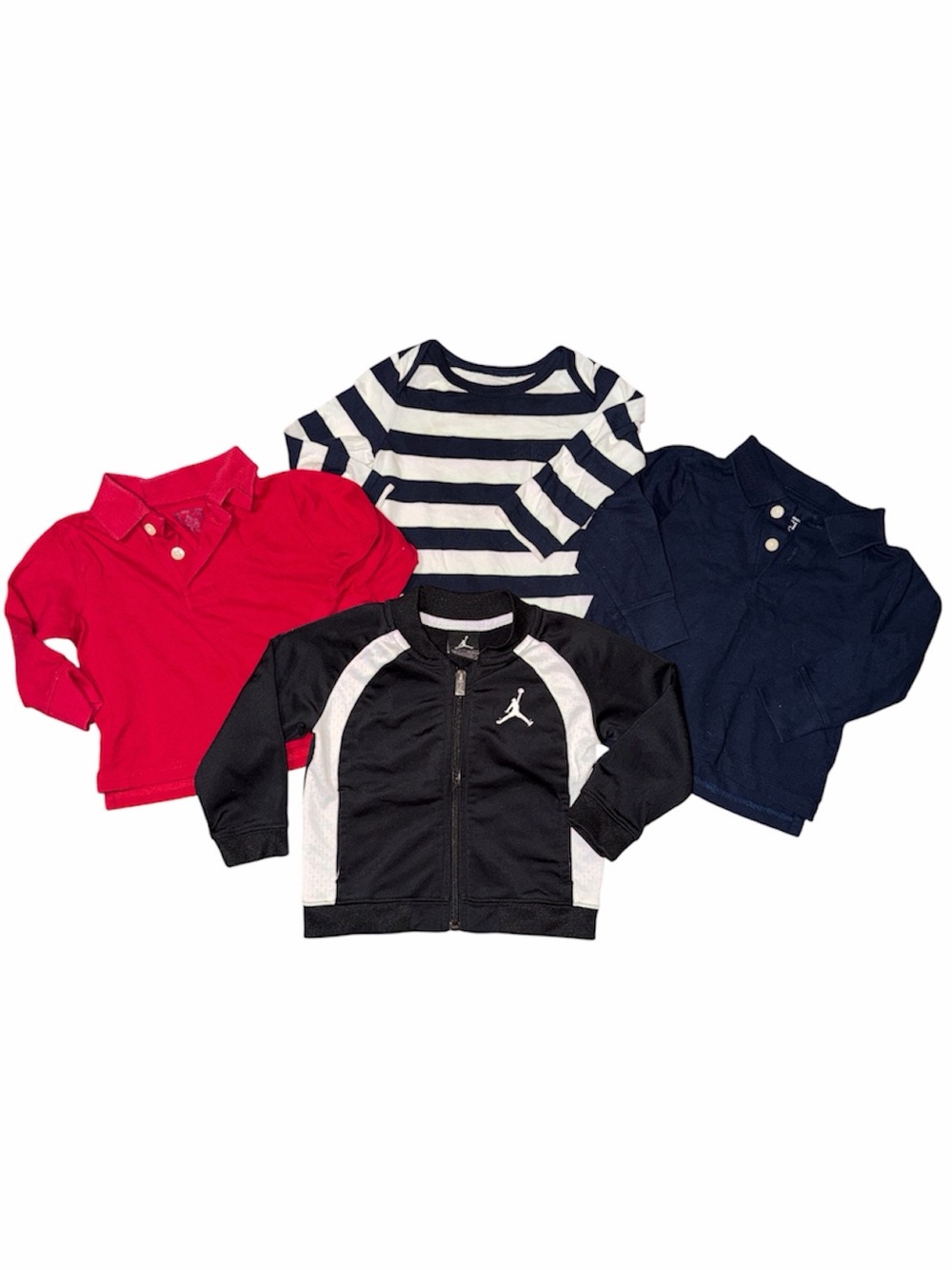 EUC Jordan Black and White Zip jacket, Red and Navy polo, stripe onesie 12/18mo